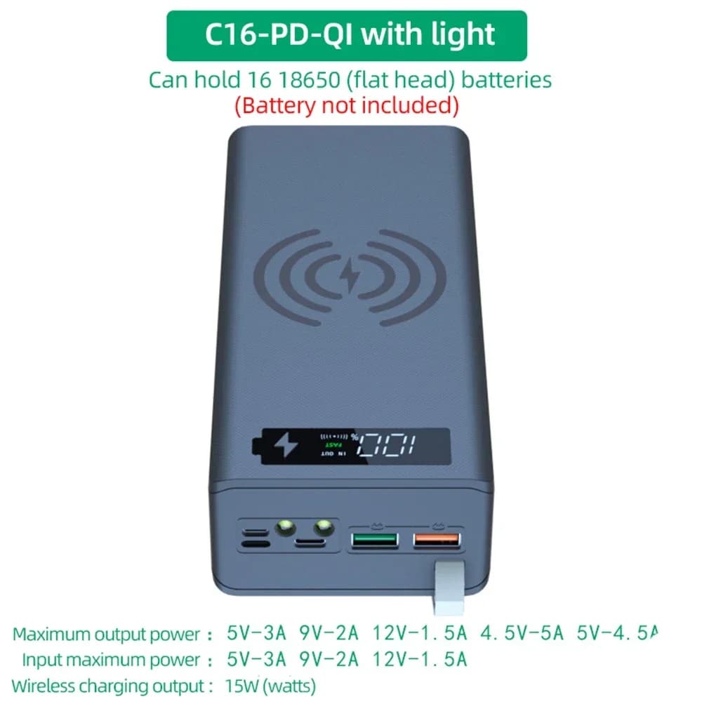16*18650 Power Bank Case C16 USB Welding Free Power Bank Case Detachable Portable QC 3.0 PD DIY Shell Housing For Powerbank