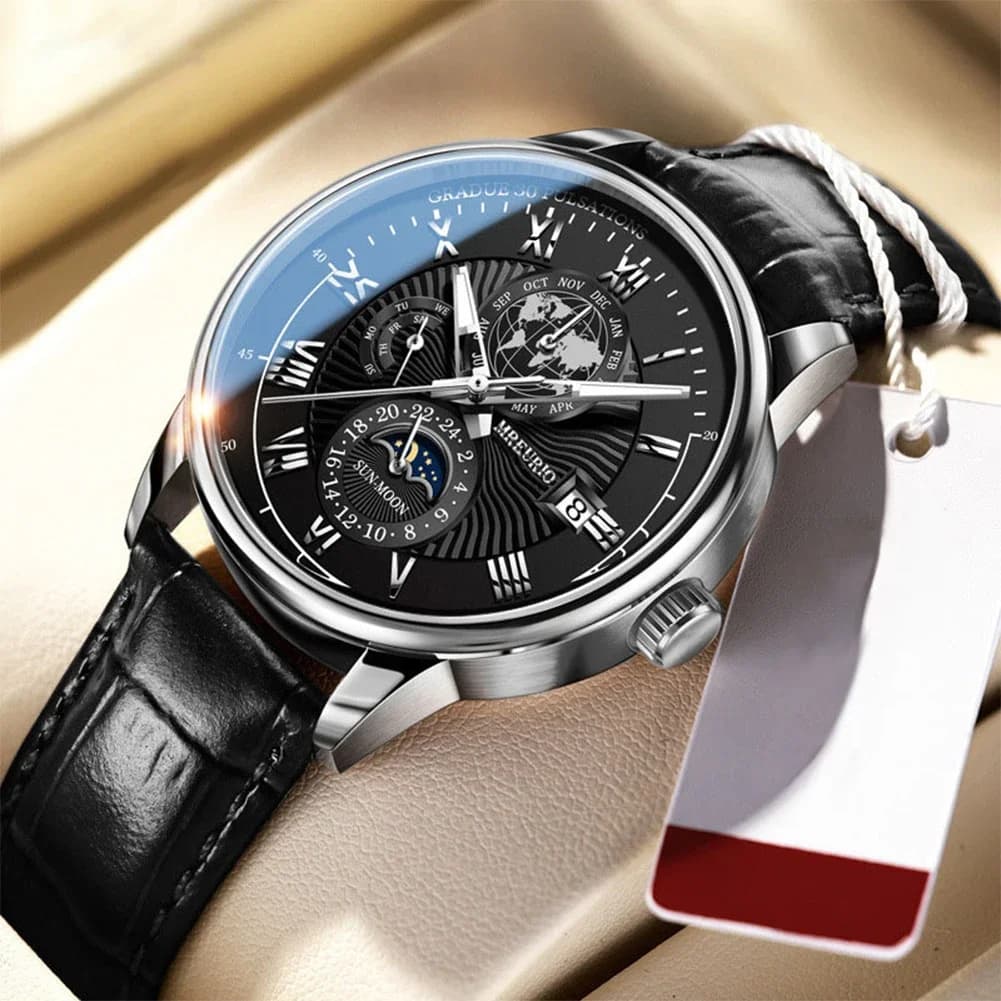 Luxury Man Watch Waterproof Chronograph Moon Phase Pattern Luminous Quartz Wristwatch Leather Strap Men Casual Clock