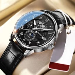 Luxury Man Watch Waterproof Chronograph Moon Phase Pattern Luminous Quartz Wristwatch Leather Strap Men Casual Clock