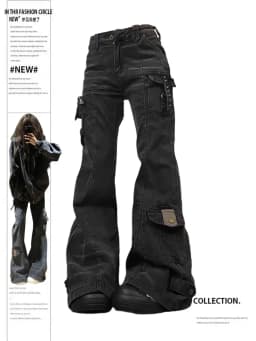 Women's Flare Cargo Jeans Harajuku Japanese Low Rise Denim Pants Abi Y2k Bell Bottom American Retro High Street Dark Academia