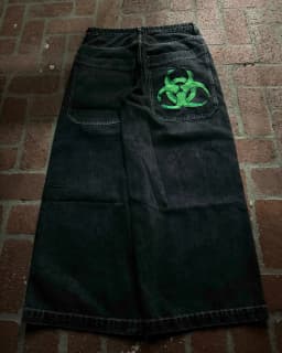 Men Gothic Cross Print Black Denim Baggy Pants Mid Waist Big Pocket Design Loose Fit Hip Hop Streetwear Jeans for Daily Casual