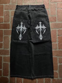 Men Gothic Cross Print Black Denim Baggy Pants Mid Waist Big Pocket Design Loose Fit Hip Hop Streetwear Jeans for Daily Casual