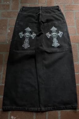 Men Gothic Cross Print Black Denim Baggy Pants Mid Waist Big Pocket Design Loose Fit Hip Hop Streetwear Jeans for Daily Casual