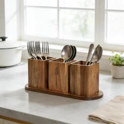 Garvee Acacia Wood Kitchen Utensil Holder Spoon Fork Tableware Storage Rack Cutlery Storage Caddy Organizer Silverware Holder for Spoons Forks Knives, Holds Plates Napkins,