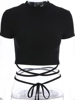 2025 Summer Women Black Short T-Shirts Sexy Crop Tops Short Sleeve Bandage Tee Tops Female Shirts
