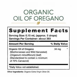 Organic Oil of Oregano Drops, Antioxidant and Anti-Inflammatory Support, USDA Organic, 70% Carvacrol, Non-GMO, 2 Fl Oz 59 ML
