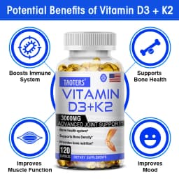TAOTERS Vitamin D3+K2 Supplement To Support Joint, Bone and Immune Health Non-GMO Formula Easy-to-swallow Vitamin D & K Complex