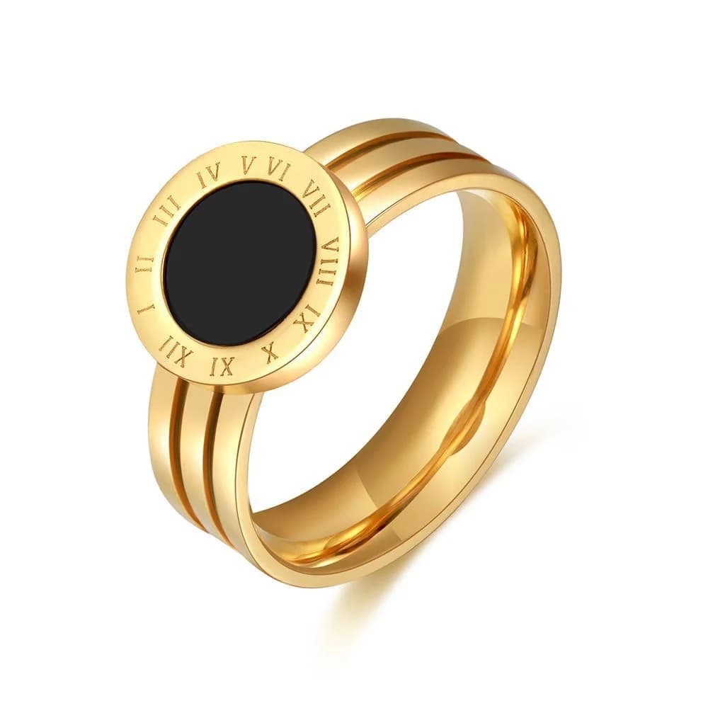 Retro Gold Color Stainless Steel Ring For Women Round Black Acrylic Roman Numerals Men Ring Trendy Jewelry Fashion Accessories
