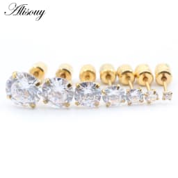 Alisouy 2PCS Surgical Stainless Steel 4 Prong Double Zircon CZ Women Men Girl Ear Stud Cartilage Screw Earrings Piercing Jewelry