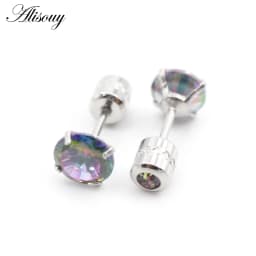 Alisouy 2PCS Surgical Stainless Steel 4 Prong Double Zircon CZ Women Men Girl Ear Stud Cartilage Screw Earrings Piercing Jewelry