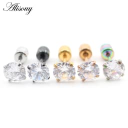 Alisouy 2PCS Surgical Stainless Steel 4 Prong Double Zircon CZ Women Men Girl Ear Stud Cartilage Screw Earrings Piercing Jewelry