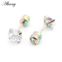 Alisouy 2PCS Surgical Stainless Steel 4 Prong Double Zircon CZ Women Men Girl Ear Stud Cartilage Screw Earrings Piercing Jewelry