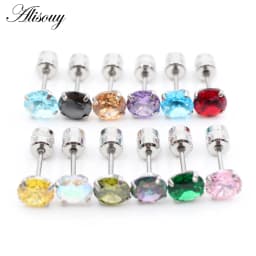 Alisouy 2PCS Surgical Stainless Steel 4 Prong Double Zircon CZ Women Men Girl Ear Stud Cartilage Screw Earrings Piercing Jewelry