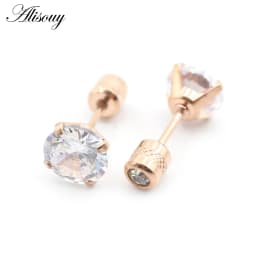 Alisouy 2PCS Surgical Stainless Steel 4 Prong Double Zircon CZ Women Men Girl Ear Stud Cartilage Screw Earrings Piercing Jewelry