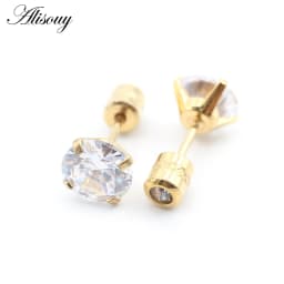 Alisouy 2PCS Surgical Stainless Steel 4 Prong Double Zircon CZ Women Men Girl Ear Stud Cartilage Screw Earrings Piercing Jewelry
