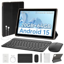 10.1 Inch Android15 Tablet Bundle Set Octa‑Core A523,20GB(3+17GB Virtual)RAM 64GB ROM 1TB Expandable,Widevine L1 IPS 16:10 Display WiFi6 Face ID Unlock 5000mAh Dual Speakers Full Kit with Keyboard Mouse Case Stylus Earbuds for Study Office