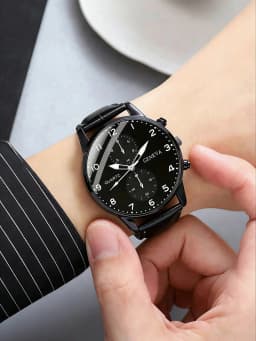 Men's PU Leather Quartz Watch Set with Wallet And Signing Pen Office Kit Digital round Shell Design Ideal Gift without Box