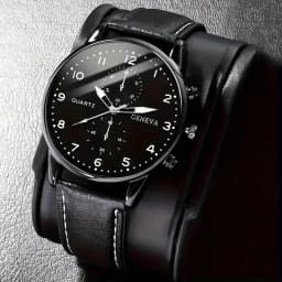 Men's PU Leather Quartz Watch Set with Wallet And Signing Pen Office Kit Digital round Shell Design Ideal Gift without Box