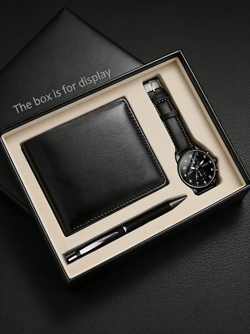 Men's PU Leather Quartz Watch Set with Wallet And Signing Pen Office Kit Digital round Shell Design Ideal Gift without Box