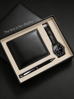 Men's PU Leather Quartz Watch Set with Wallet And Signing Pen Office Kit Digital round Shell Design Ideal Gift without Box