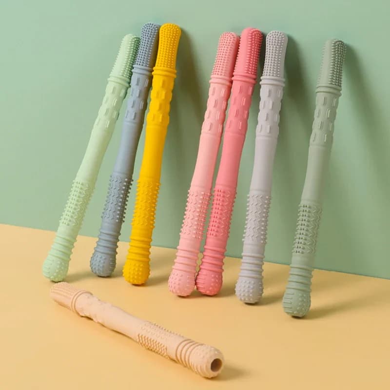 Newborn Hollow Teething Tube Baby Silicone Teether Stick Biting Chewing Straws Nursing Soother Molar Toy Gift for Infants