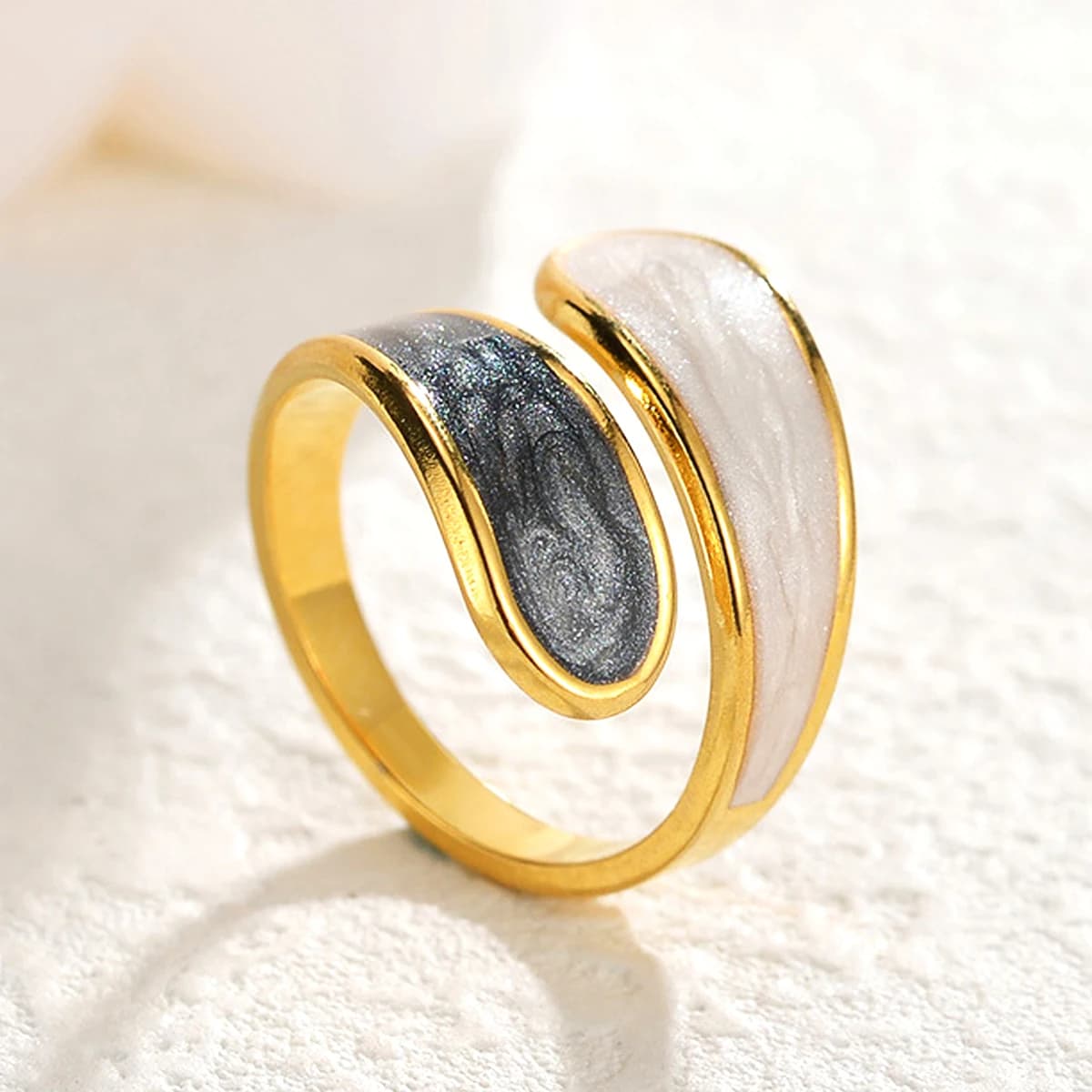 Stainless Steel Black and White Ring with Enamel Simple Double Layer Oil Dripping Adjustable Open Finger Ring for Women No Fade