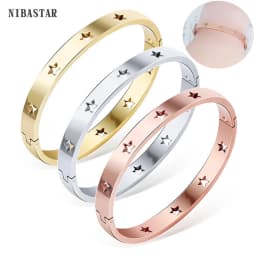 NIBASTAR Hollow Star Bracelets & Bangles For Women Fashion Stainless Steel Sweet Romantic Bracelet Rose Gold Color Jewelry Gift