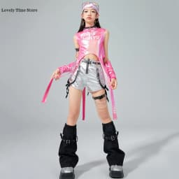 Hip Hop Girls Sweet Shiny Crop Top Silver Cargo Pants Kids K-pop Jazz Dance Clothes Sets Children Streetwear Girl Group Costumes
