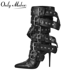 Onlymaker Women Pointed Toe Mid-Calf Boots Buckle Strap Thin High Heel Lady Zipper Female Stiletto Boots