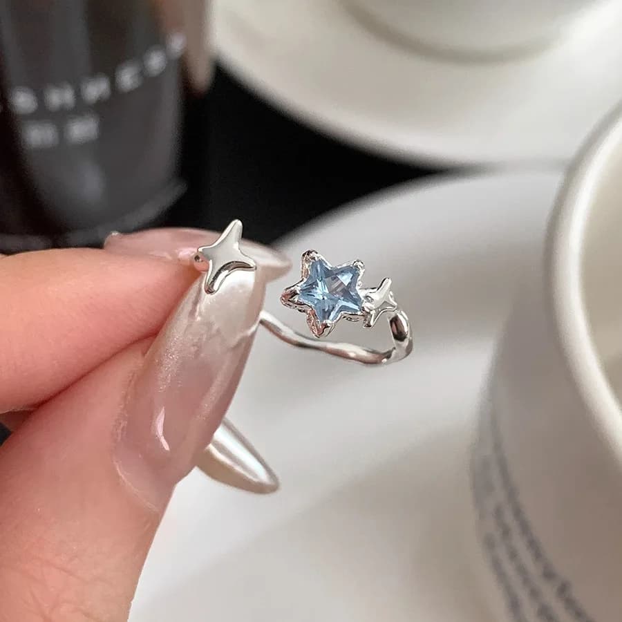 PANJBJ 925 Sterling Silver Stars Ring For Women Blue Crystal Opening Sweet Romance Irregular Versatile Jewelry Gift Dropshipping