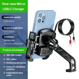 Aluminum Motorcycle USB Phone Holder Handlebar Rear-View Mirror Mount Charger with USB C Fast Charge Port for 5.4"-7.2" Phones