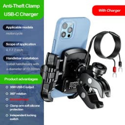 Aluminum Motorcycle USB Phone Holder Handlebar Rear-View Mirror Mount Charger with USB C Fast Charge Port for 5.4"-7.2" Phones