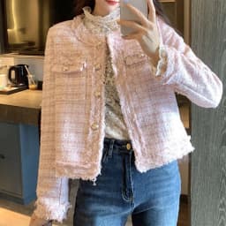 French White Tweed Crop Jacket for Women 2026 Autumn Elegant Slimming Decor Button Coat Woman Round Neck Long Sleeve Outerwear