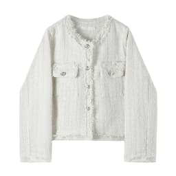 French White Tweed Crop Jacket for Women 2026 Autumn Elegant Slimming Decor Button Coat Woman Round Neck Long Sleeve Outerwear