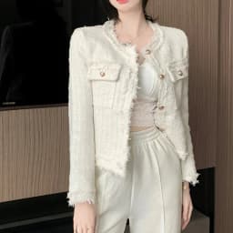 French White Tweed Crop Jacket for Women 2026 Autumn Elegant Slimming Decor Button Coat Woman Round Neck Long Sleeve Outerwear
