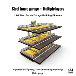 Car Garage Diorama Model 1:64 Steel Frame Multi-Level Garage - 3/4 Story US/JP Style for Diecast Car Display & Collectors