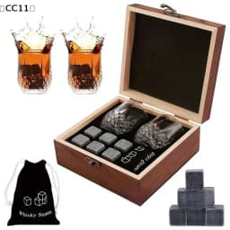 Father'S Day Gift Whiskey Stones Set 8 Pcs Granite Ice Cubes+ 2 Pcs Cups For Whisky In Wooden Bottle Box Present For Dad〔CC11〕