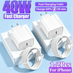 1-2Pcs PD 40W For iPhone 17 Pro Max Fast Charger For iPhone 16 15 Pro Max Plus Type C Quick Charging Data Cable EU Plug Adapte