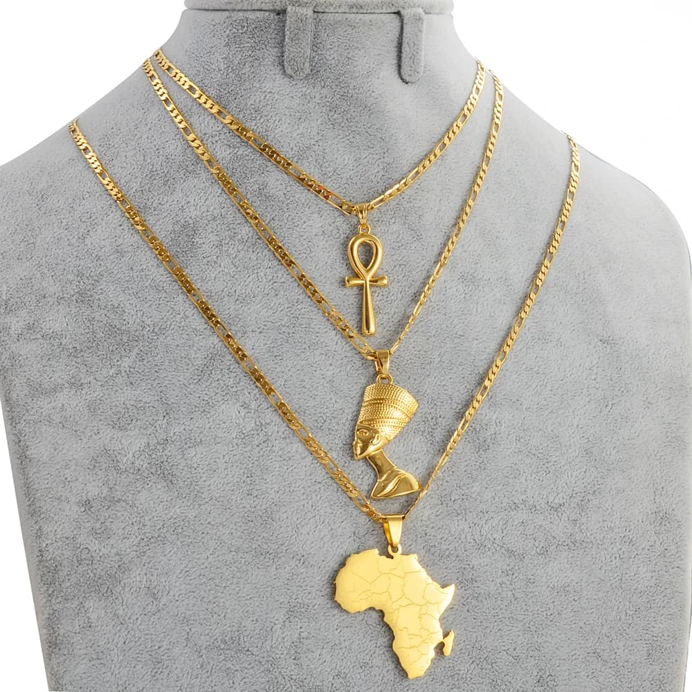 Anniyo 3Pieces Ankh Nefertiti & Africa Map Pendant Necklaces Gold Color Wedding Birthday Party Ethnic Jewelry Women Men #256306