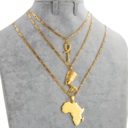 Anniyo 3Pieces Ankh Nefertiti & Africa Map Pendant Necklaces Gold Color Wedding Birthday Party Ethnic Jewelry Women Men #256306