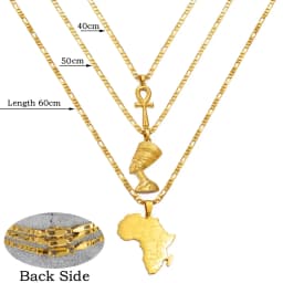 Anniyo 3Pieces Ankh Nefertiti & Africa Map Pendant Necklaces Gold Color Wedding Birthday Party Ethnic Jewelry Women Men #256306