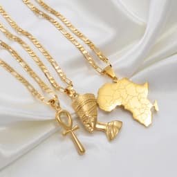 Anniyo 3Pieces Ankh Nefertiti & Africa Map Pendant Necklaces Gold Color Wedding Birthday Party Ethnic Jewelry Women Men #256306