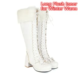 Plus Size Winter Women Wedding Bridal Shoes White Pink Fur Neck Bow Ruffles Princess Uniform Lolita Cosplay JK Knee High Boots