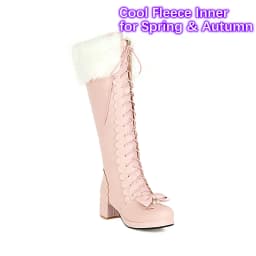 Plus Size Winter Women Wedding Bridal Shoes White Pink Fur Neck Bow Ruffles Princess Uniform Lolita Cosplay JK Knee High Boots