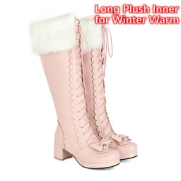 Plus Size Winter Women Wedding Bridal Shoes White Pink Fur Neck Bow Ruffles Princess Uniform Lolita Cosplay JK Knee High Boots