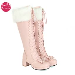 Plus Size Winter Women Wedding Bridal Shoes White Pink Fur Neck Bow Ruffles Princess Uniform Lolita Cosplay JK Knee High Boots