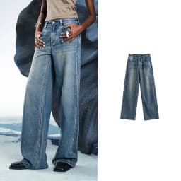 TOYOUTH Women Denim Jeans 2025 Spring New Acetate Wide Leg Mid Low Waist Slim Fit Straight Wide Leg Pants