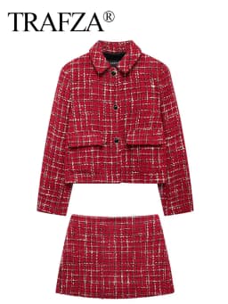 HH Women Fashion Red Texture Skirt Sets Single Breasted Lapel Jacket Coat Side Zipper Shorts Skirts High Street Lady Outfit