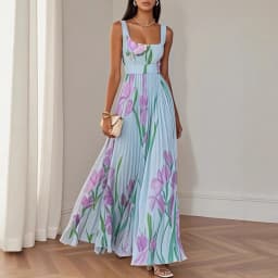 2026 Spring Summer Women's Fashion Strap Digital Print Pleated Floral Long Dress Sleeveless Square Neck High Waist Spring Summer