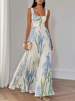 2026 Spring Summer Women's Fashion Strap Digital Print Pleated Floral Long Dress Sleeveless Square Neck High Waist Spring Summer